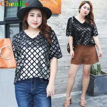 ChenKe XL-4XL жир мм Свободный Плюс Размер плед пайетки Половина рукава футболка женская мода крутые футболки v-образный вырез Футболка женская большой размер