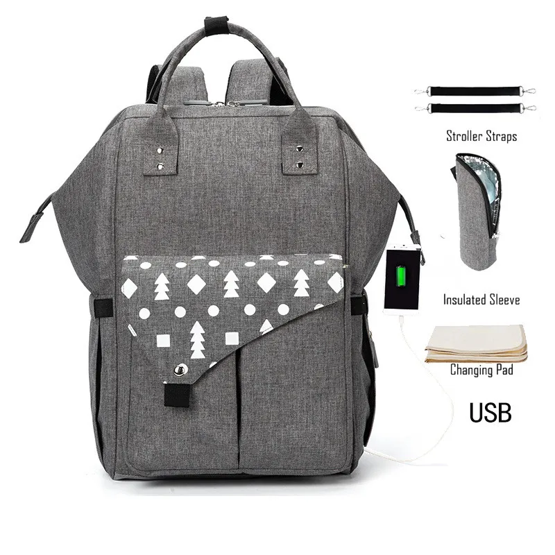 2019 Brand New Pockets Printed Shoulder Backpack Mother and Baby Solid Bag Fashion Multi-function Mummy Bag Large Capacity 02