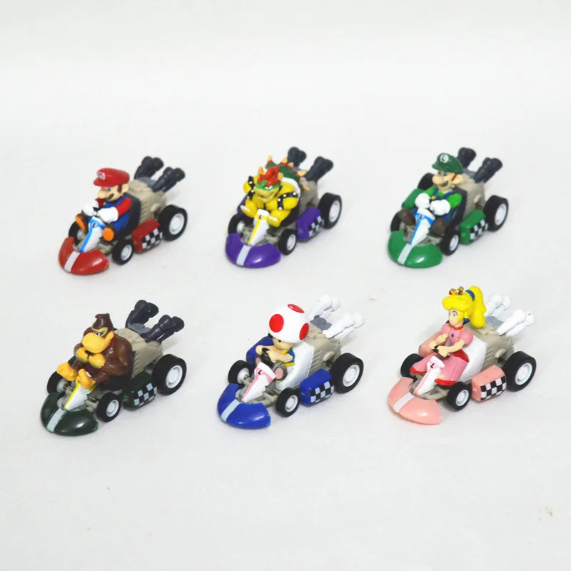6pcs/set Super Mario Bros Figures Anime Luigi Dinosaurs Donkey Kong Bowser Kart Pull Back Car Hot Toys for Children
