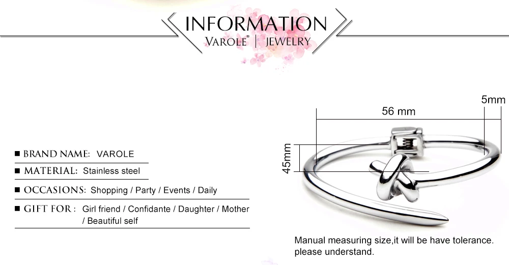 Varole na Moda Pulseira para Mulher Cor de Ouro Prego Inoxidável Punhos Pulseiras Noeud Manchette nó Aço 3 Joias e Acessórios