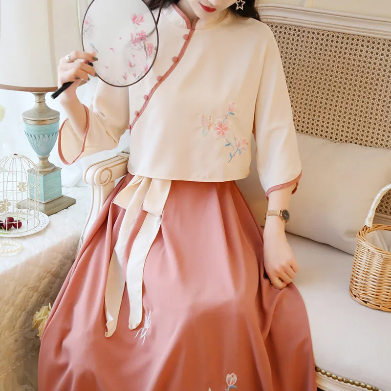 Цветочной вышивкой китайский Hanfu одежда супер фея из двух частей Улучшенный