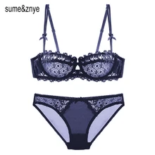 Французский Нижнее Бельё для девочек Для женщин бюстгальтер белый черный синий полый половина чашки пикантные прозрачные Кружево бюстгальтер и трусики Комплект для Для женщин кружево бюстгальтер