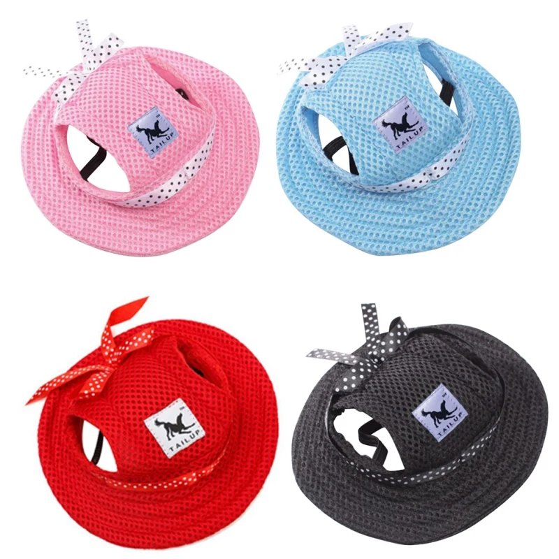 

Cute Printed Dog Hat With Ear Holes And Bowknot Summer Netty Baseball Cap For Small Pet Dog Outdoor Accessories Hiking Pet Hat
