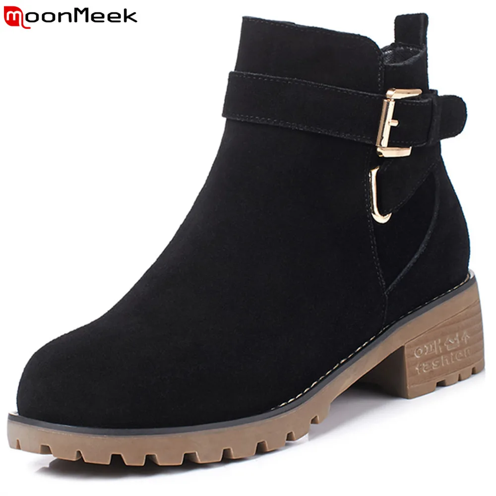 

MoonMeek black autumn winter new arrive women boots round toe cow suede boots zipper buckle square heel ankle boots