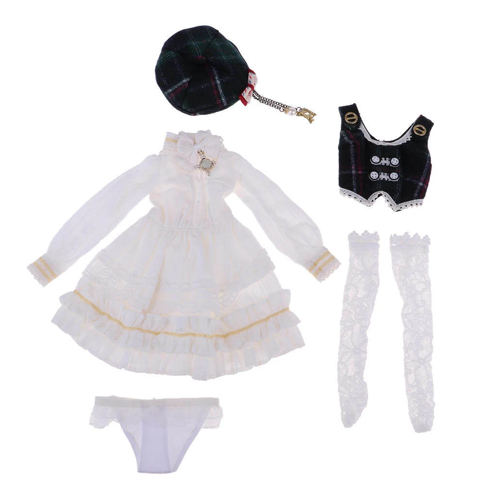5pcs White Princess Long Sleeve Skirt Waistcoat Suit Formal Party Accs for 1/4 BJD Doll