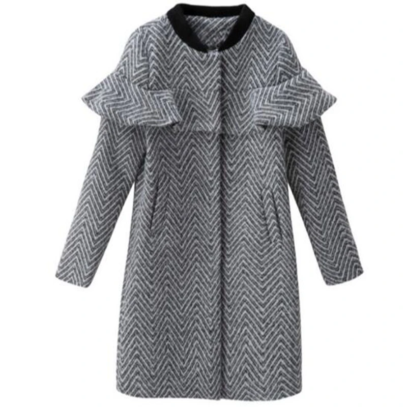 

2017 autumn and winter new Korean version of the cultivation of lotus leaf striped woolen jacket female long coat tide