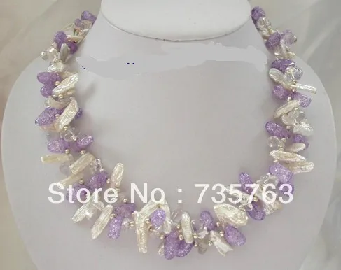 

HOT 00833 2strands 20mm white biwa freshwater pearls purple crystal necklace