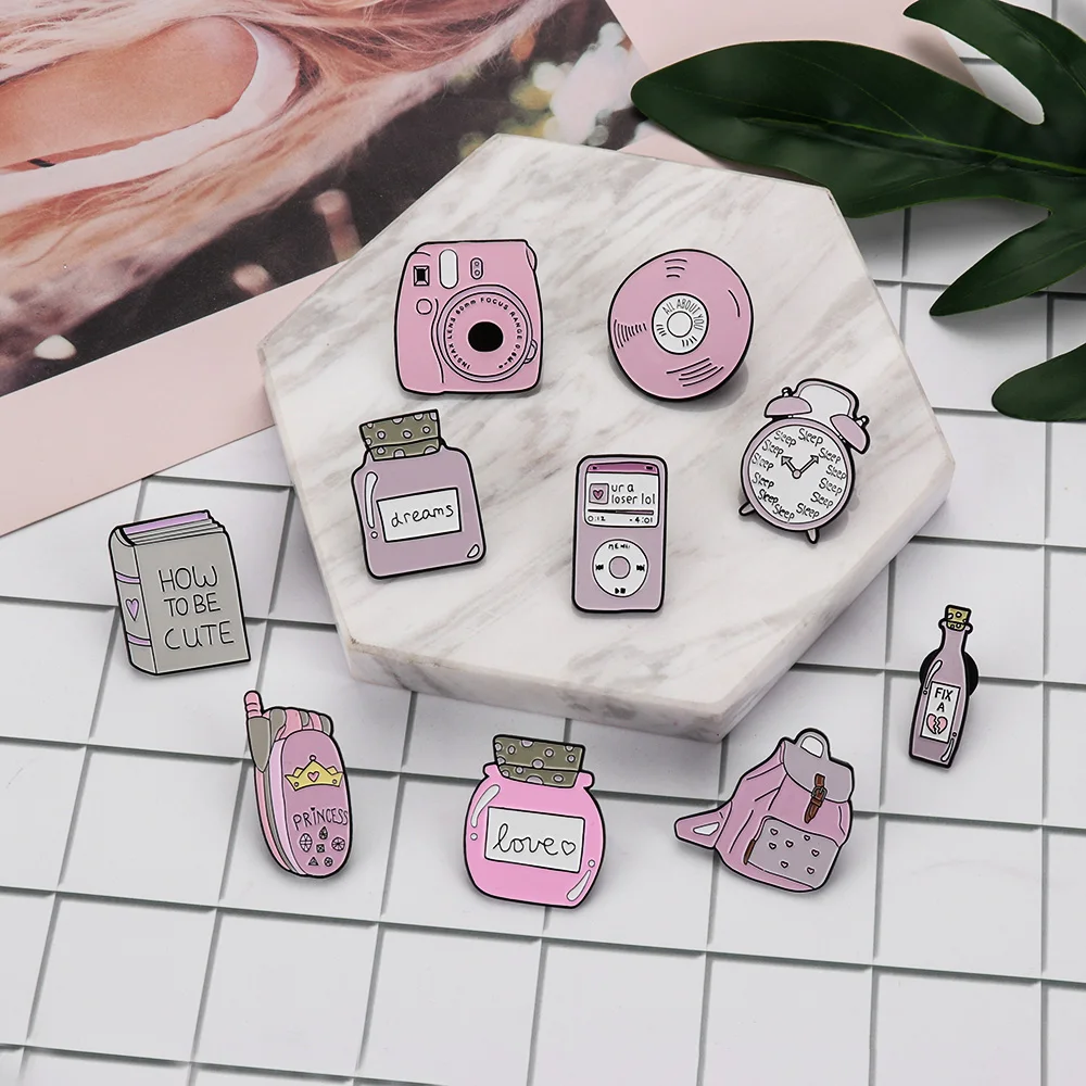 

Backpack Book Camera Mobile phone CD Enamel Pin Custom Badges Pink Girl Brooches Lapel Pins Denim Shirt Collar Jewelry Gift