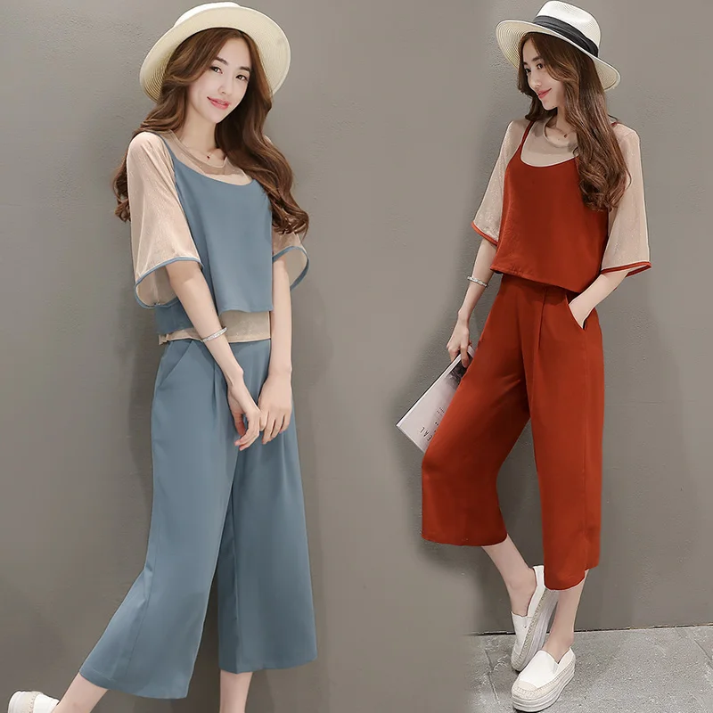 

Spring summer new korean fashion condole belt vest wide-legged pants Fashion suits three-piece suit women clothing set o neck