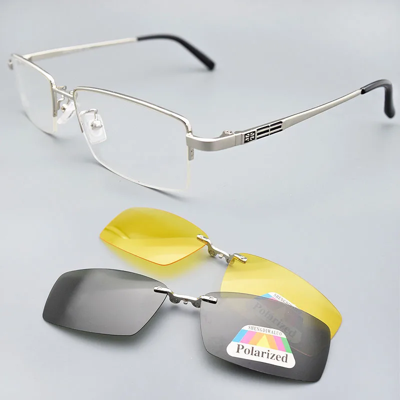 US $33.15 Glasses Frame For Men 2pcs Magnetic ClipOn Sunglasses Uv400 Yellow Polarized Night Vision Goggles Silver Driving Mirror