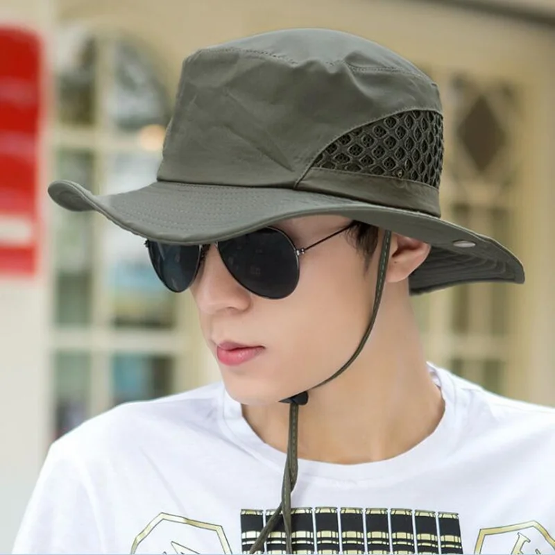 2019 New Fishing Men Bucket Sun Hat Wide Brim Military Hats Chin Strap ...