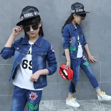 2018 new princess girl spring and autumn fashion children’s clothing set baby girl floral print denim coat+jeans leisure suit