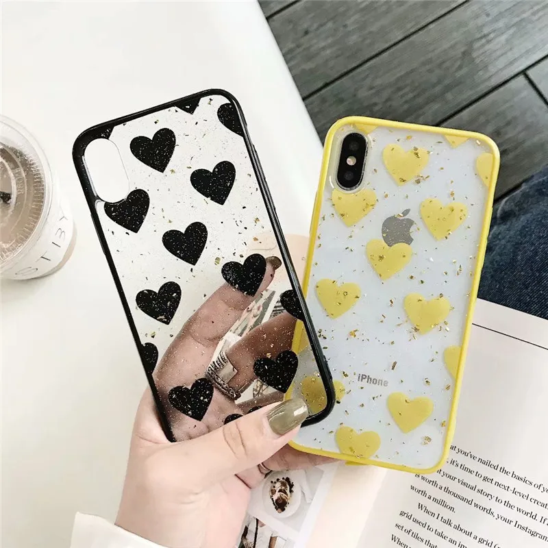 

JAMULAR Luxury Gold Foil Clear Fitted Case For iPhone 6 6s XS MAX XR X 7 8 Plus Love Heart Transparent Phone Cover For iPhone X