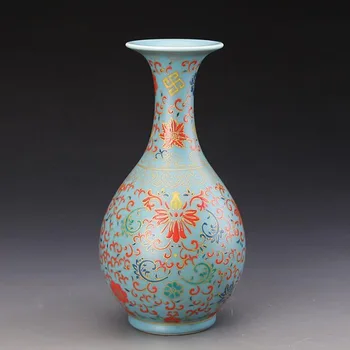 

Free shipping Yong Zheng sky blue glaze enamel ridge patterns yu-hu-ch'un antique porcelain vase floral decoration decoration Ho