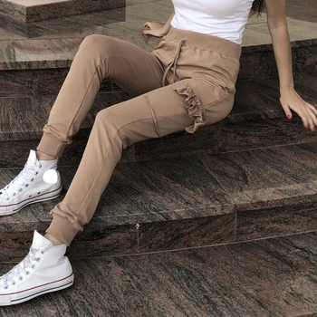 

Casual Pants Women Elastic Waist Solid Color Cotton Work Pant Fungus Drawstring Female Streetwear Capris