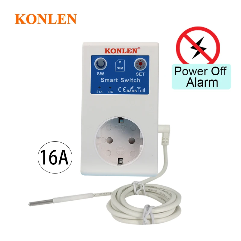 

KONLEN 16A GSM Socket SMS Power On Off Alarm Outlet Relay Smart Switch Remote Control Intelligent Temperature Sensor Controller