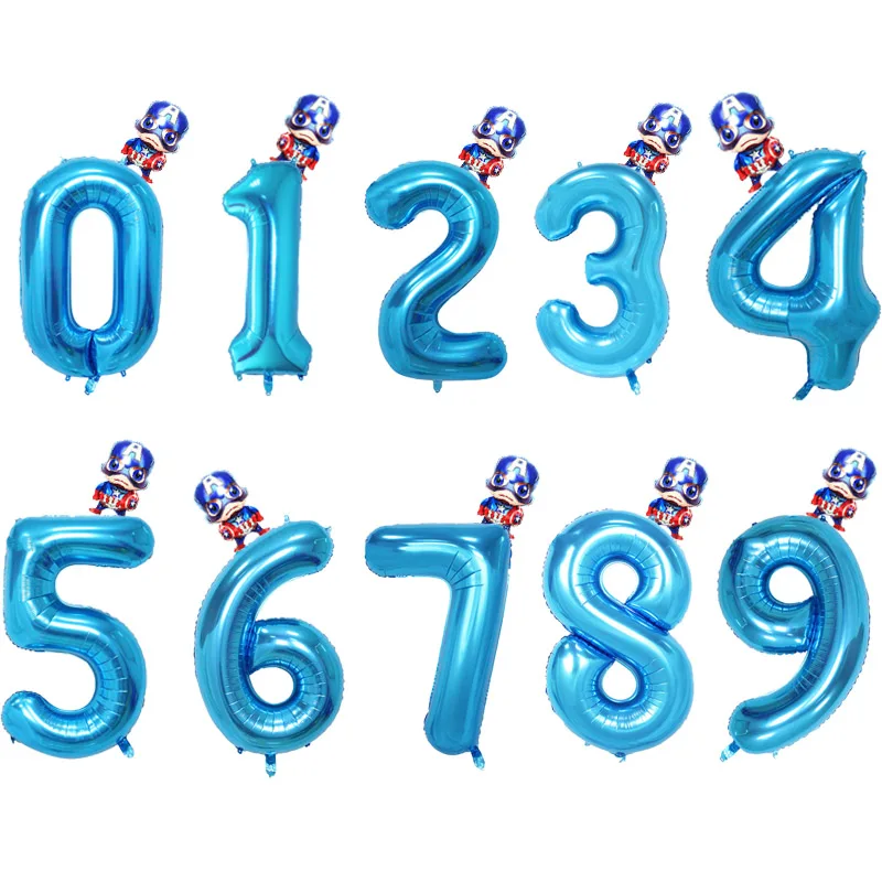 

2pcs 40inch/32inch Blue Foil Number Balloon with Mini Captain America/shark Birthday Party Decora Balony Baby Shower Boy Ball