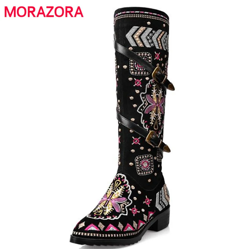 

MORAZORA Cow suede leather boots women buckle botas snow boots zipper embroidery Cow Split sutumn knee high boots size 34-43