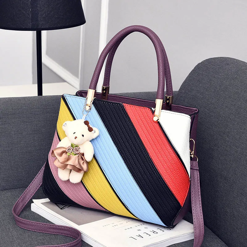 Women Stripe Handbag Female Leather Crossbody Bag Lady Fashion Bear Messenger Shoulder Bags Bolsa Purse Tote Sac A Main SS7214 (2)