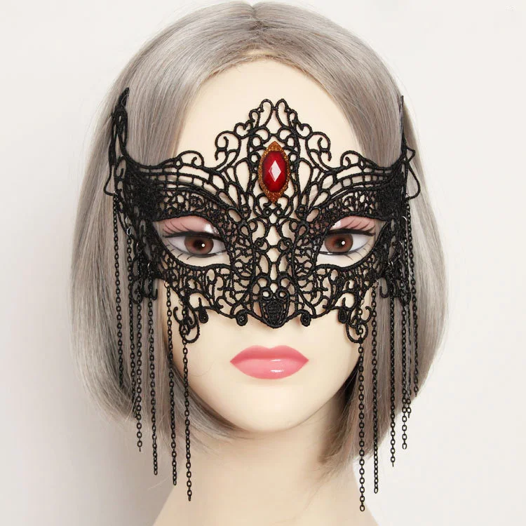 

Women Sexy Gothic Stone Tassel Black Lace Cat Masquerade Face Eye Mask Hair Bobby Pins Costume Ball Party Halloween Accessories