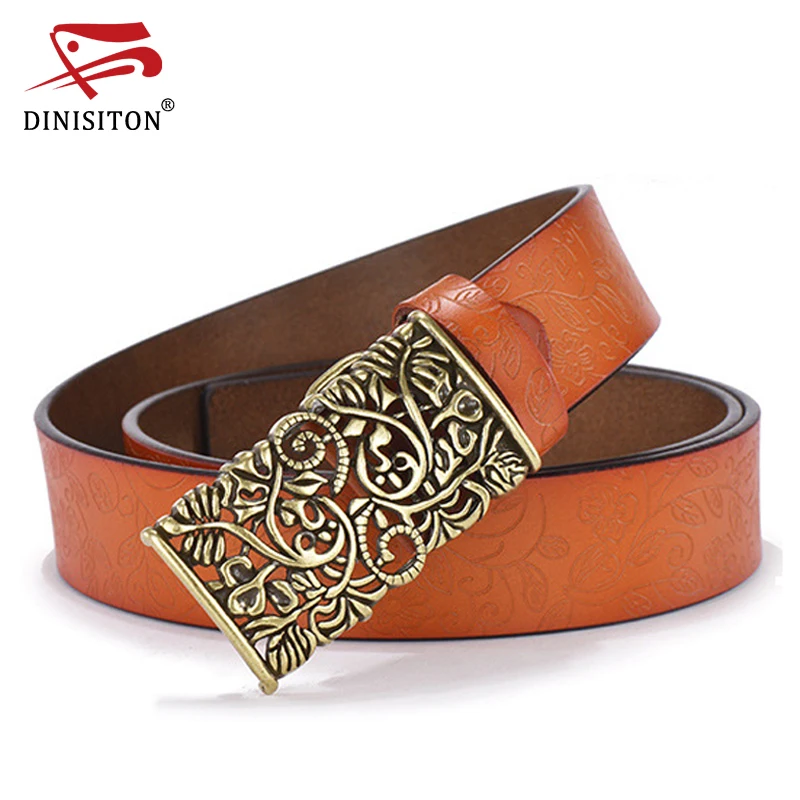 DINISITON New Fashion Women Belt Cowhide Carved Flower Strap Genuine Leather Belt For Women Strap Vintage High Quality