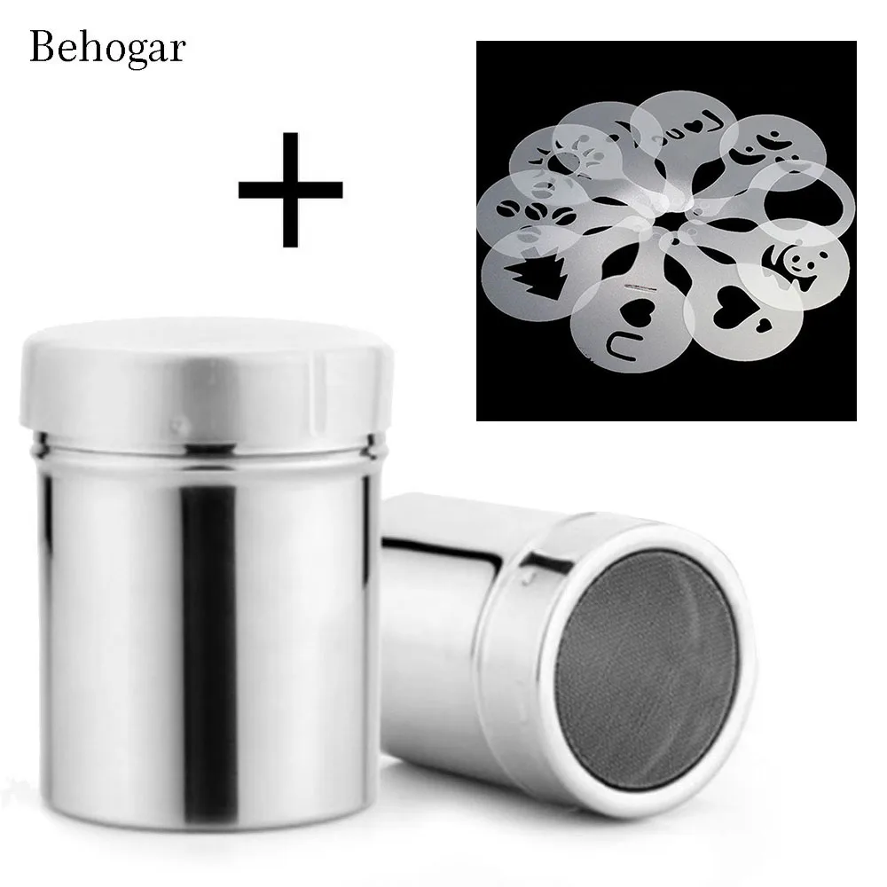 Behogar 2 PCS DIY Chocolate Shaker Cocoa Flour Icing Sugar Powder Coffee Sifter+ 16Pcs Coffe Stencil Template Strew Duster Spray