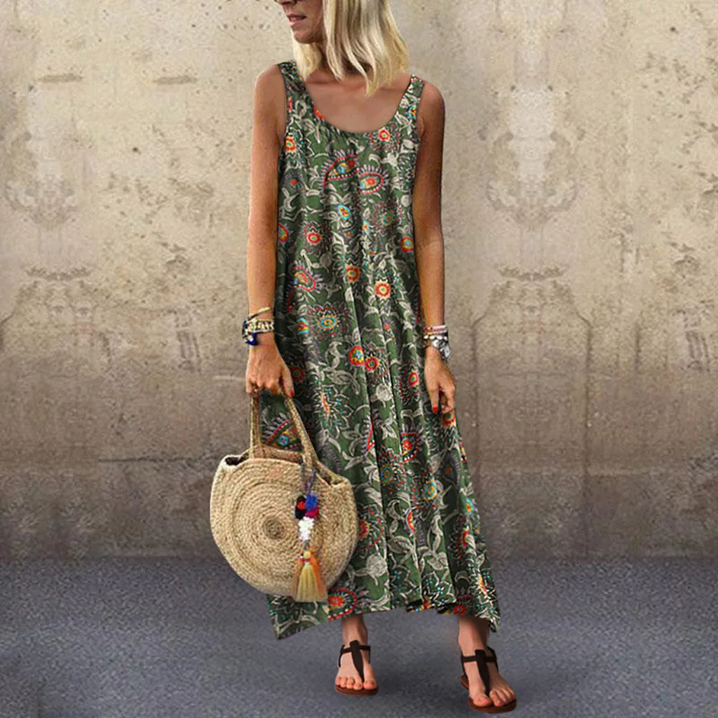 

Feitong Fashion Print Long Maxi Summer Dress Women Loose Sleeveless O-neck Irregular Print Retro Dress Vestidos Verano 2019 New