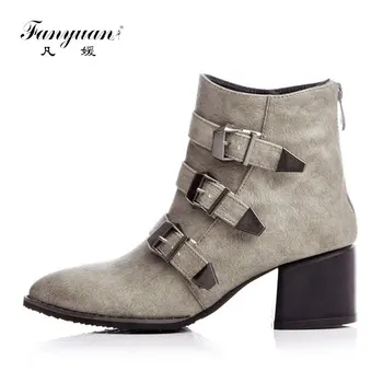 

Fanyuan 2017 Autumn Women Booties Ankle Boots Point Toe Zip Buckle Mid Heels Buckle Military Combat Motorcycle Cool Shoes