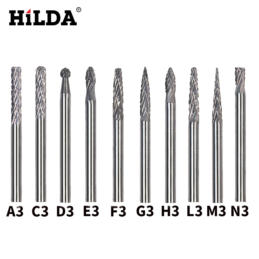 

HILDA 3mm (1/8") Tungsten Carbide Burr 3mm Rotary Cutter Files Set CNC Engraving CED Cutting Edge Diameter 3mm 10Pcs/set
