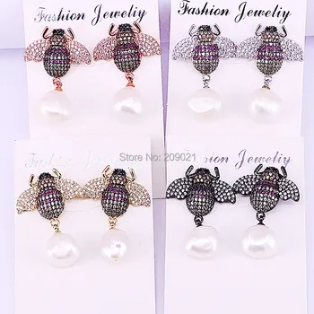 

3Pair Fashion Micro Pave CZ Zirconia Insect Bee With Freshwater Pearls Beads dangle earrings For Women Jewelry