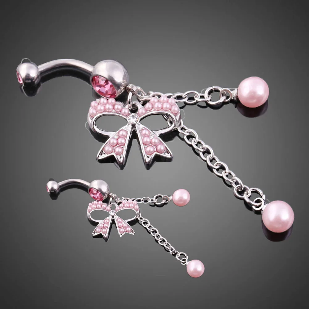 

Romantic Women Stainless Steel Navel Piercing Pink Crystal Bowknot Beads Pendant Belly Button Ring Body Chain Jewelry BH