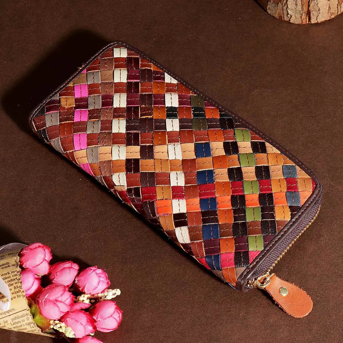 

Brand Genuine Leather Women Wallets Patchwork Zipper Coin Pockets Female Clutch Women Purse Luxury Weave Long Wallet Card Holder