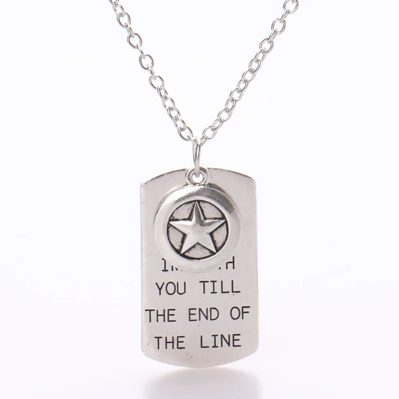 

The Avengers Captain America Necklace,"I'M with you till the end of the Line"Hand Stamped Lovers Necklace with Shield Logo