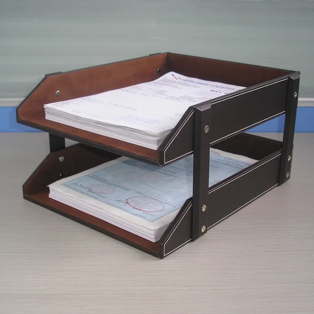 A4 Double Layer Detachable Wood Leather Desk Filing Tray Box Office A4 Double Layer Detachable Wood Leather Desk Filing Tray Box Office Organizer Case Doent Container Brown