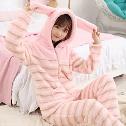 Новинка зимы коралловый флис Пижама Для женщин с длинным рукавом женские пижамы мультфильм кролик уши с шапка в полоску Для женщин пижамы
