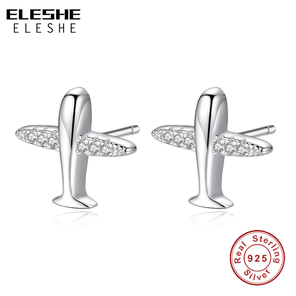 ELESHE 2018 Fashion 925 Silver Aircraft Airplane Women Stud Earring with AAA Crystal Zircon Earrings Sterling Silver Jewelry