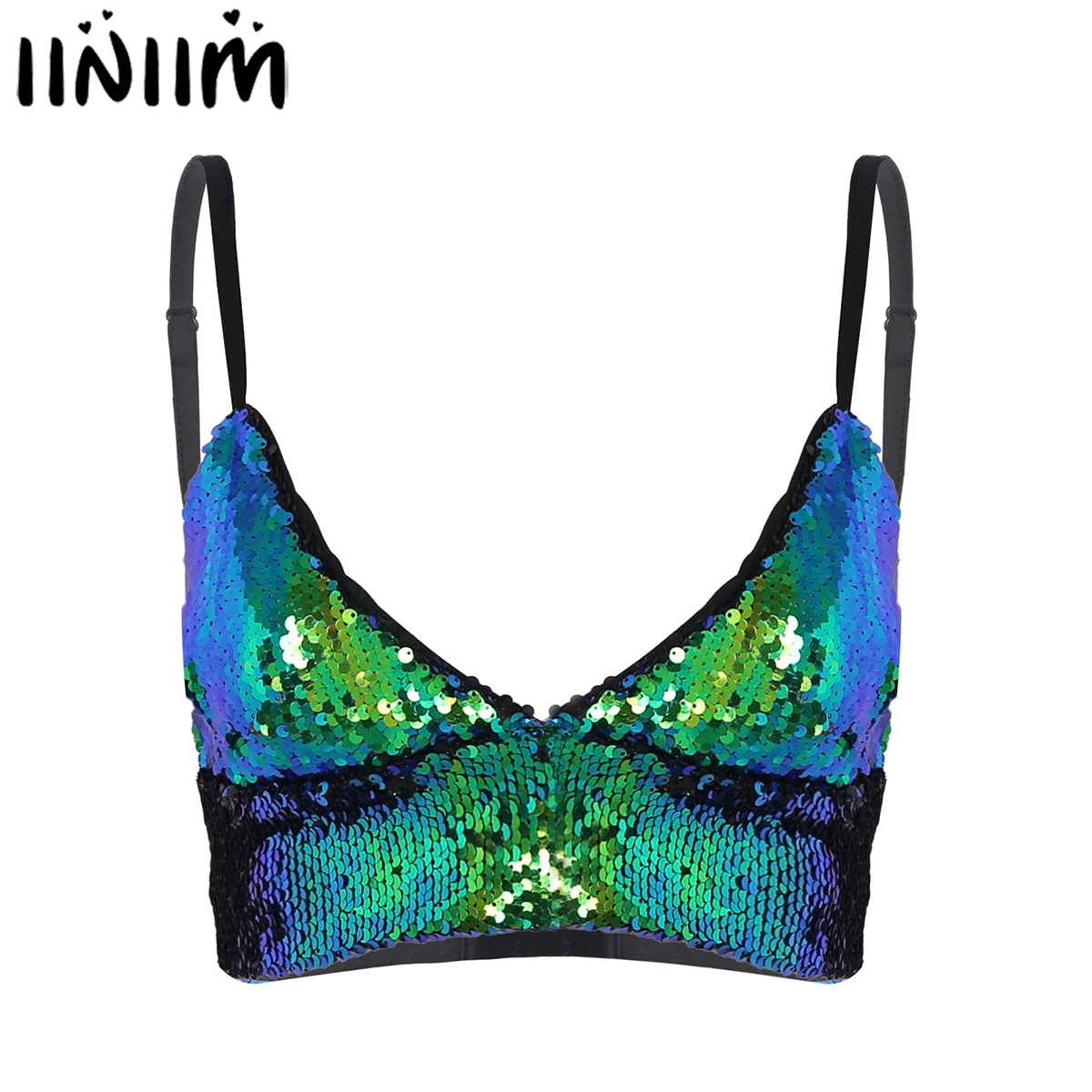 

iiniim Womens Lingerie Bra Tops Dazzling Glittery Sequins Wire-free Removable Pad Bra Top for Raves Dances Parties Clubwear