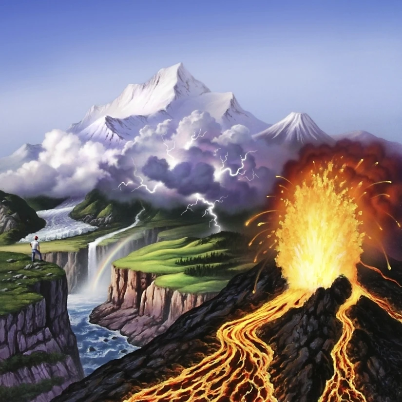 A montage of Earth's features including a volcano  river  storm and mountains Poster Print (12 x 15)