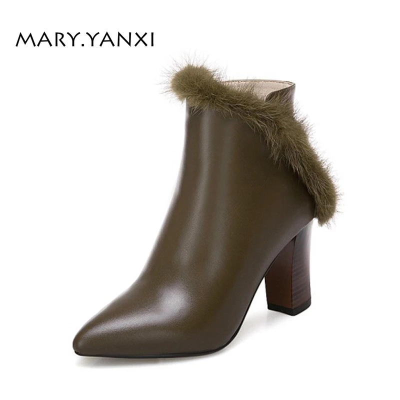 

Spring Autumn Winter Genuine Leather Ankle Short Boots Plus Size Shoes Fleeces Fashion Zipper Thin High Heels Pointed Toe Solid