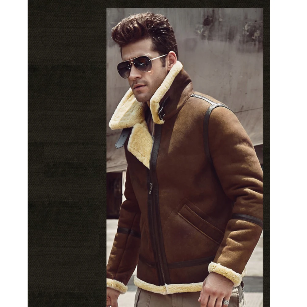 B3 куртка из овчины, Мужская Меховая куртка, коричневая зимняя куртка с отворотом