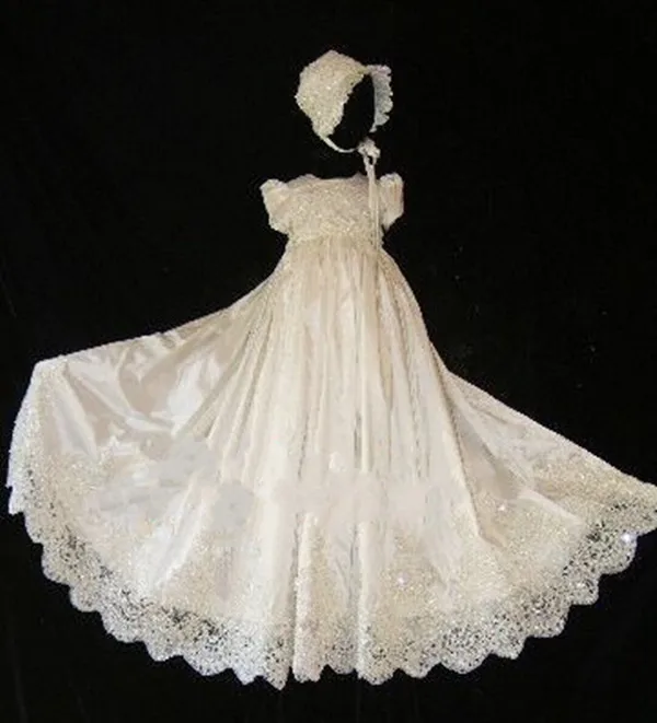 

New Shiny White Ivory Baby Girls Baptism Gown Lace Beads Christening Dress Custom Made With Bonnet 2018