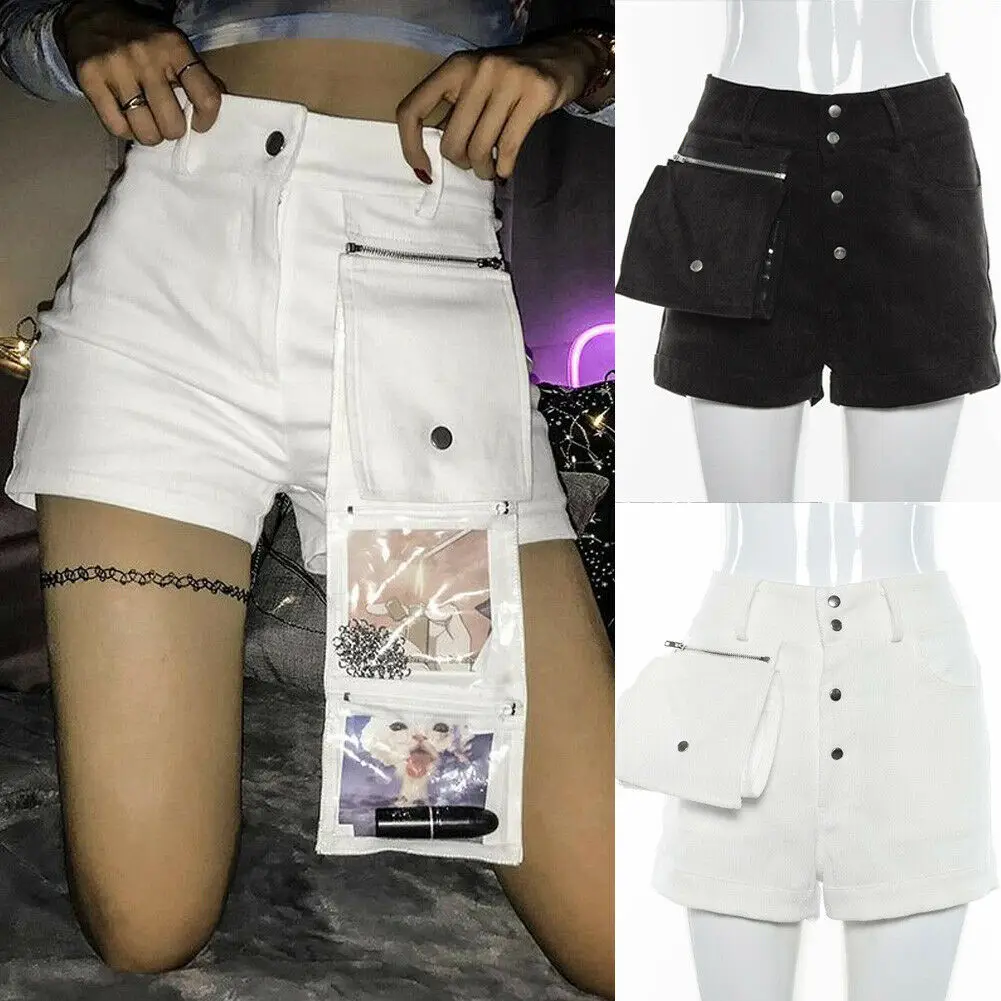 

Cool Hip Hop Punk Summer Women's High Waist Button Shorts Summer Casual Shorts with Folded Satchel Big Pocket