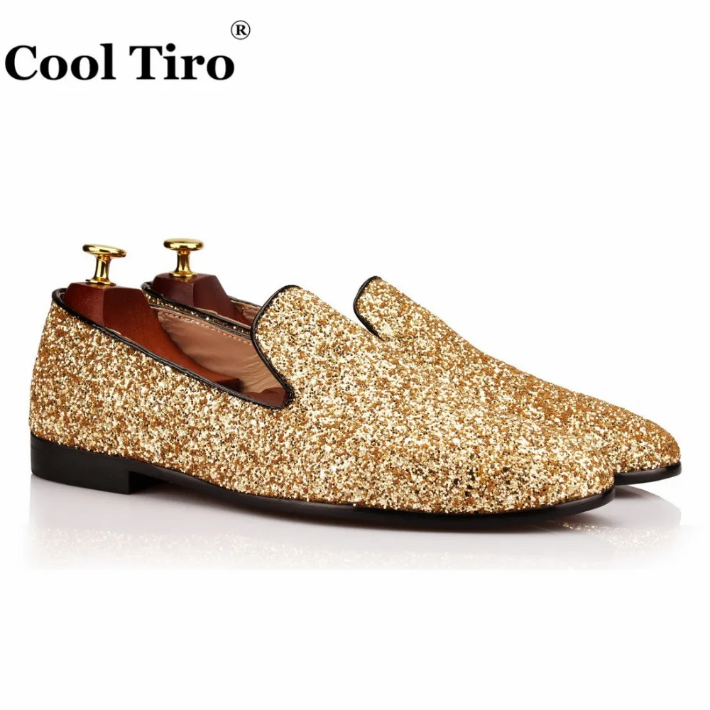 

COOL TIRO Smoking Slippers Golden sequins Fashion Small round Toe men Loafers wedding and party noble slip on flats shoes