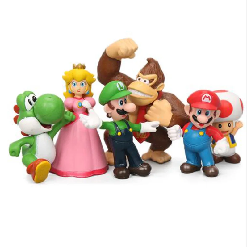 

6pcs/set 4-6cm Super Mario Bros Mario Luigi Peach Yoshi King Kong Toad Action Figure PVC Toys Kids Gifts