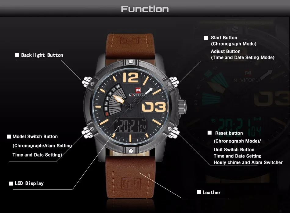New NAVIFORCE Men Watch Dual Time Zone Alarm LCD Sport Watch Mens Quartz Wristwatch Waterproof Dive Sports Digital Watches