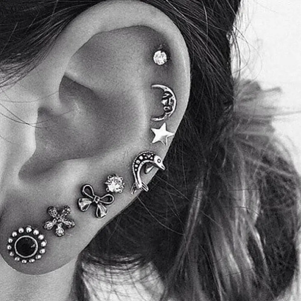 8 Pcs/set Rock Punk Style Silver Stud Earrings Moon Stars Bowknot Zircon Alloy Stud Earring