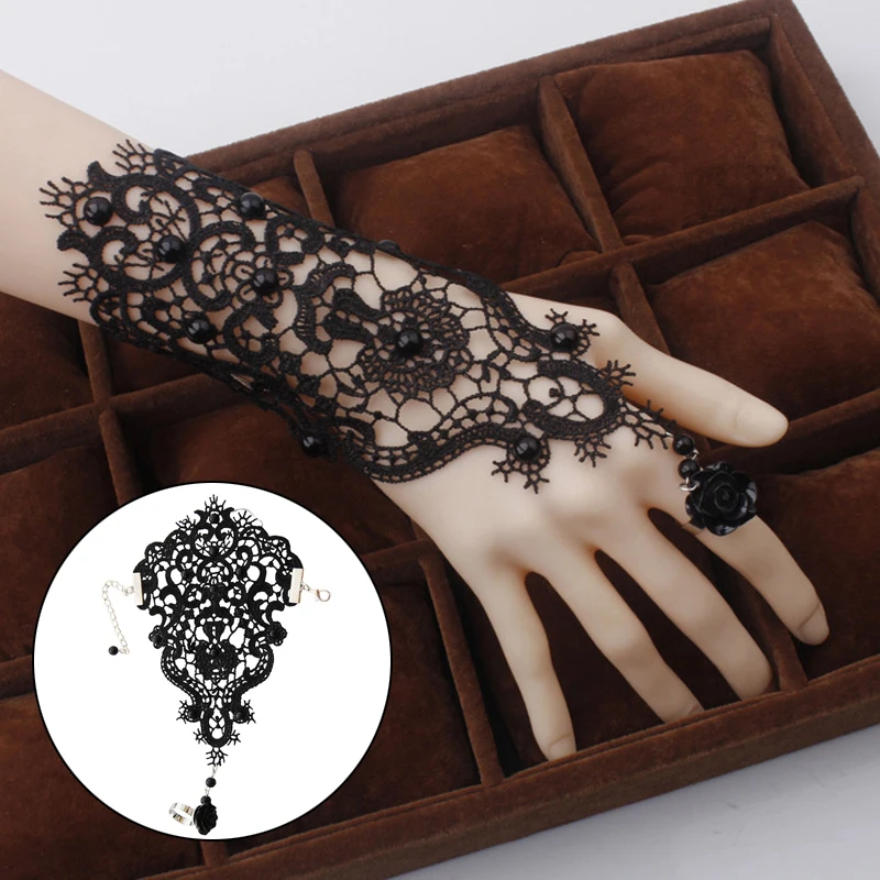 

1pc Handmade Bride Bridal Wedding White Flower Rose Lace Ribbon Bracelet & Adjustable Ring Set Slave Glove Wristband