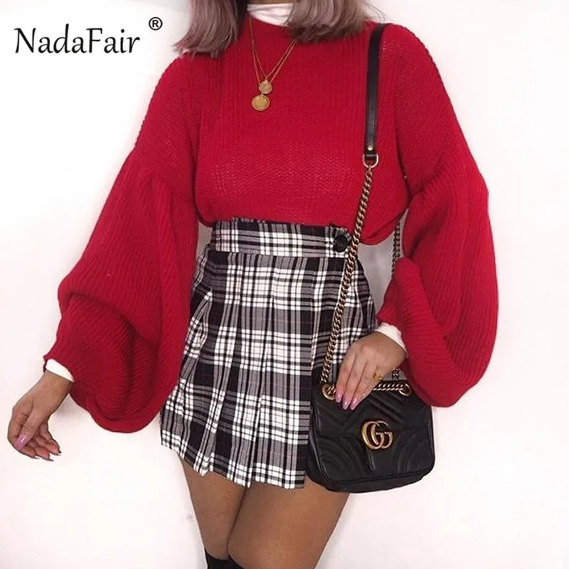 Nadafair осенний свободный женский свитер большого размера с длинным рукавом-фонариком, вязаный свитер, черный мешковатый зимний женский свитер с высоким воротом