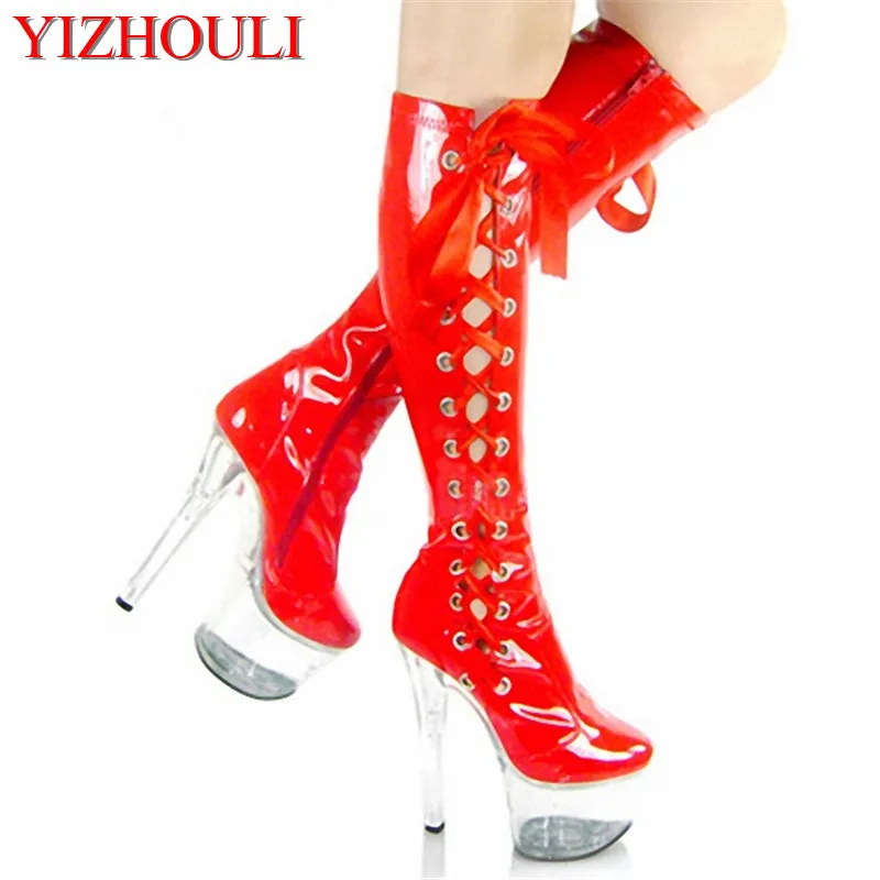 

Red Lacing sexy bride crystal boots 15cm high-heeled shoes steel pipe dance shoes sexy clubbing 6 inch high boots for women