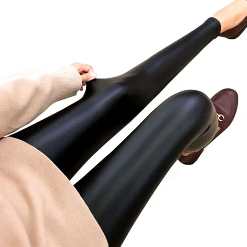 

2019 Fashion Women PU Leather Pants High Elastic Waist Leggings Not Crack Slim Leather Leggings Skinny Fleece Trousers Leggings